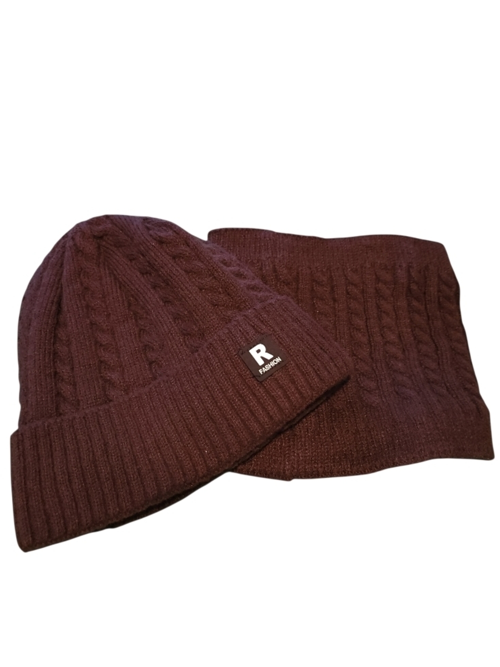 R Fashion Women's Cable Knit Beanie and Neck Warmer Set - Brown